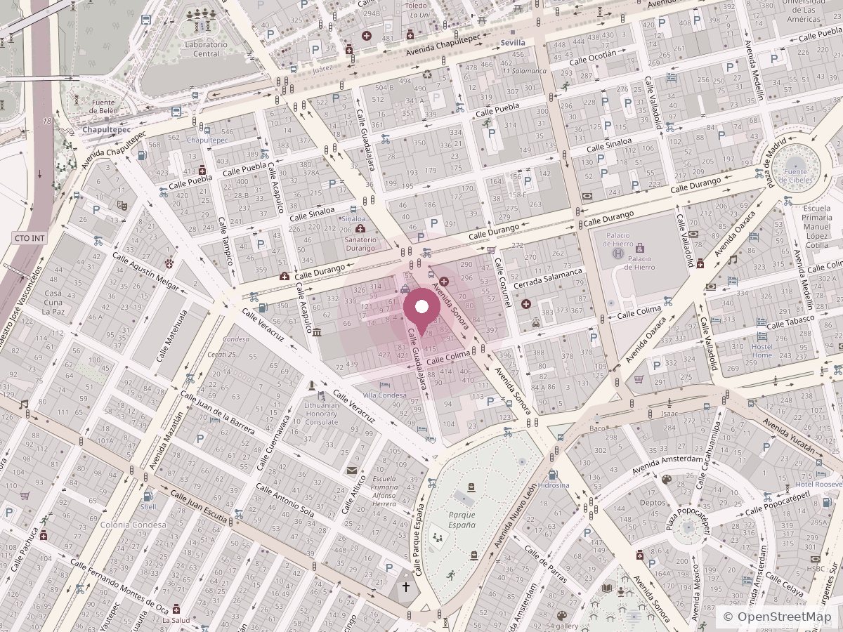 Map of Roma Norte showing Stilo Salón at Calle Guadalajara 70-B, between Durango and Colima